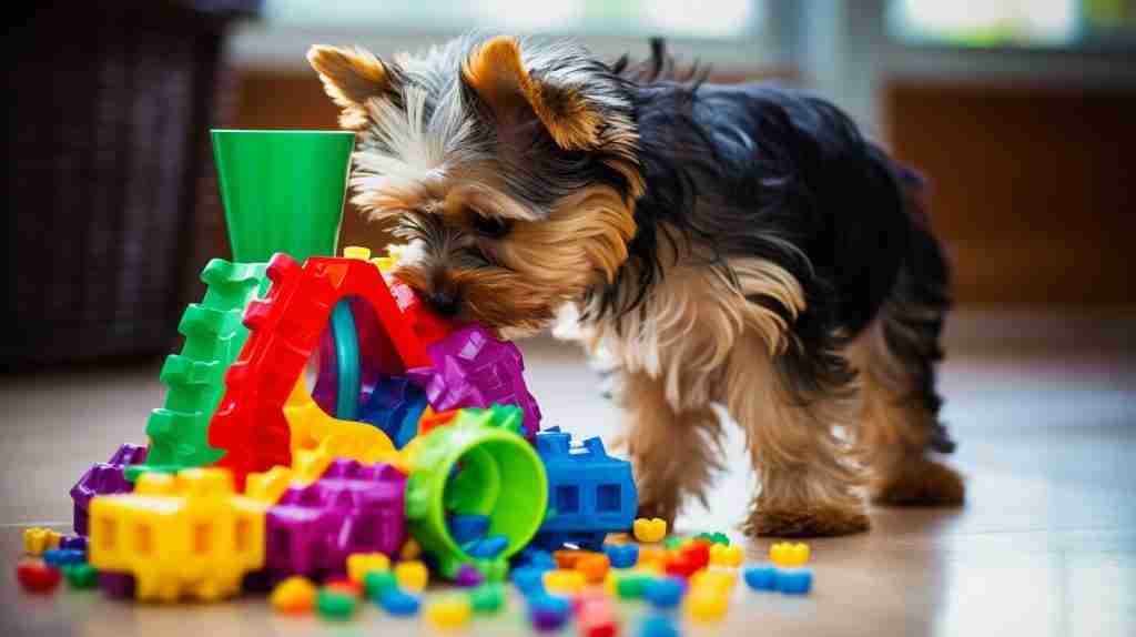 Yorkie playing with a puzzle feeder Yorkie playing with a puzzle feeder