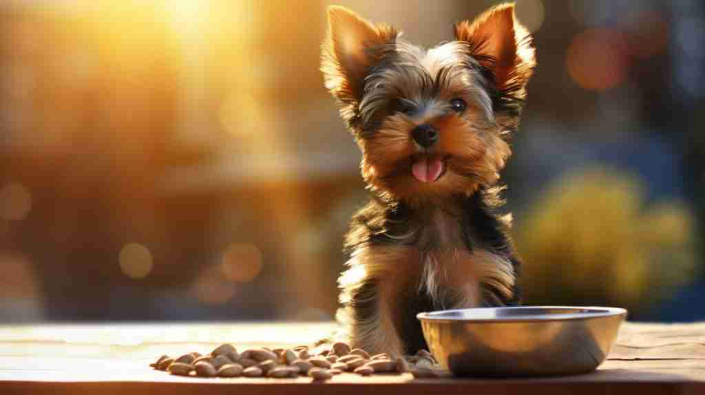 Yorkie puppy eating from a bowl of food Yorkie puppy eating from a bowl of food