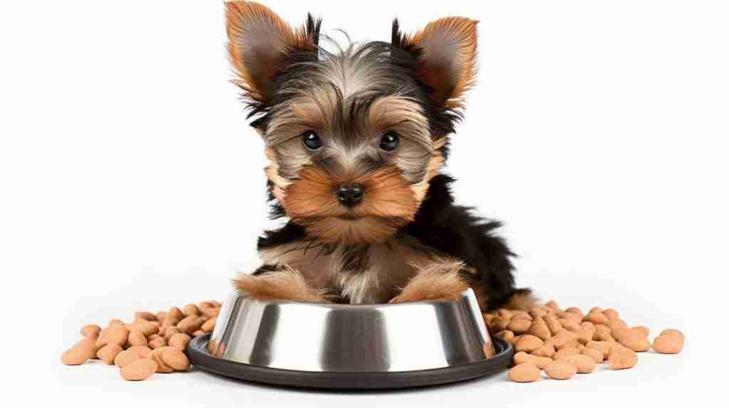 Yorkie puppy eating from a slow feeder bowl Yorkie puppy eating from a slow feeder bowl